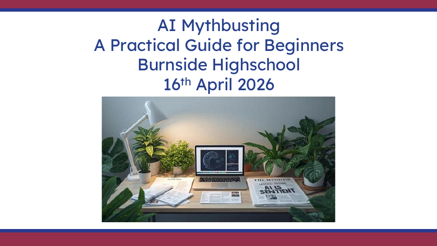 Title slide of Emma Humphrey’s deck, “AI Mythbusting”